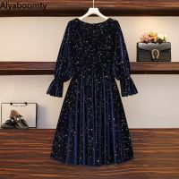 Autumn Winter Women Velvet Long Dress Square Collar Navy Blue Sequined Stars Ribbon Dress Flare Sleeve Elegant Party Midi Dress