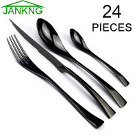 JANKNG ชุดอาหารเย็น24-Pcs สีดำ18/10สแตนเลสส้อมมีดสเต็กชุดมีดช้อนส้อมช้อนตวงแบบช้อนชาชุดเครื่องใช้บนโต๊ะอาหารภาชนะใส่อาหาร