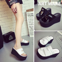 New summer high-heeled set-toe wedge-heeled sandals and slippers Korean womens PU bright leather sandals and slippers thick-soled muffin-heeled sandals