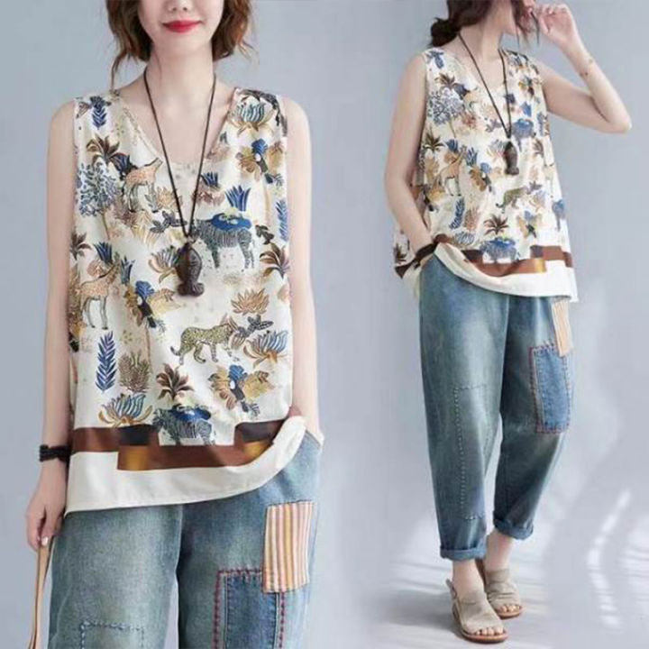 xiang-nian-ni-เสื้อกั๊กแฟชั่นสตรีสไตล์พื้นเมืองย้อนยุค-เสื้อยืดแขนกุดขนาดใหญ่เสื้อพิมพ์ลายใหม่ปี2022