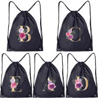 Rose Letter Print Drawstring School Book Bag Boys Girls Kids Gym PE Kit Sack Dance Drawstring Backpack Storage Bag