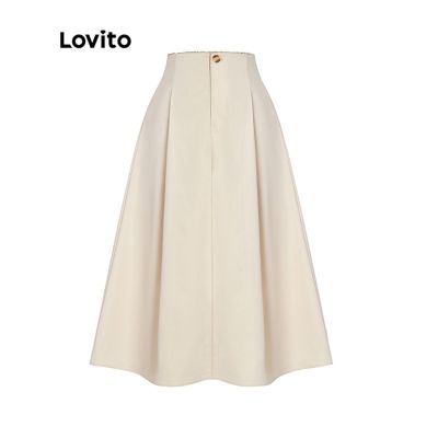 Lovito Muslim Plain Button Front Zipper Ruched Delicate Texture Skirt for Women L47ED090 (Khaki)