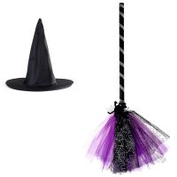 2Pcs Witch Broom Broomstick Props Hat Costume