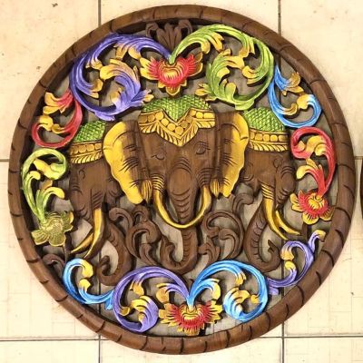 ช้าง 3 เศียร แผ่นไม้สักแกะสลัก ไม้สักฉลุ ช้างแกะสลัก (รับประกันการส่ง) ขนาด 60x60 cm. หนา 3 cm. ปัดสี ไม้สักแกะสลัก Teak Wooden Carved Art Wall