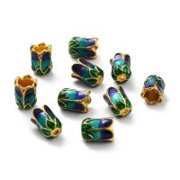 Alloy Bead Caps with Enamel 5-Petal Light Gold Sea Green 11x8mm Hole: 2mm