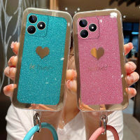 เคสRealme C53 C51 C55สีลูกกวาดแวววาวดีไซน์เลื่อมชุบด้วยสายรัดข้อมือปลอกยางใสนุ่มเคสโทรศัพท์ OPPO Realme C51เคสโทรศัพท์