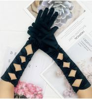 ✥◇❀ Handmade Long Wedding Bridal Gloves for Wedding Elastic Satin Beading Finger Opera Gloves for Prom guantes de novia para boda