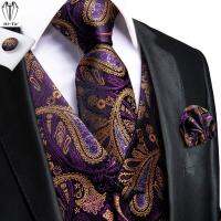 Hi-Tie 100 Silk Purple Gold Paisley Mens Vests With Neck Tie Hankerchief Cufflinks Set Jacquard Waistcoat for Wedding Business