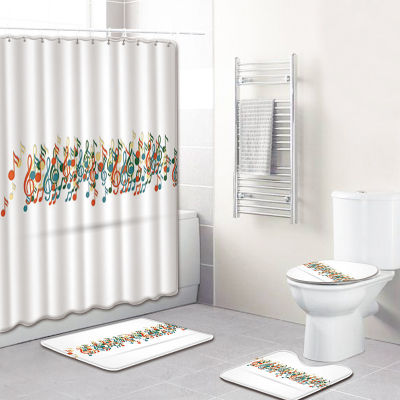 Bath Mat and Shower Curtain Set Flannel Foot Mats Set Bathroom Decor Carpet Absorbent Musical Note Print Toilet Rugs Set