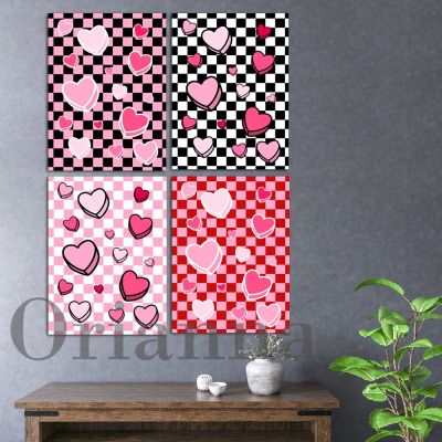 แฟชั่น Checkerboard Backg Love Heart Wall Art ผ้าใบพิมพ์โปสเตอร์สำหรับตกแต่งห้องนั่งเล่น-สีชมพู,สีแดง,และสีดำ Scheme