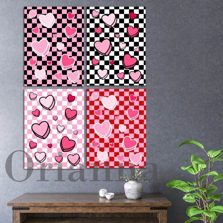 แฟชั่น-checkerboard-backg-love-heart-wall-art-ผ้าใบพิมพ์โปสเตอร์สำหรับตกแต่งห้องนั่งเล่น-สีชมพู-สีแดง-และสีดำ-scheme