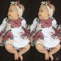 SPU-Newborn Baby Girls Long Sleeve Floral Dress Headband 2PCS Outfits Kids