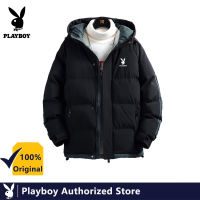 PLAYBOY เสื้อแจ็คเก็ตผ้าหนาพร้อมฮู้ด,เสื้อโค้ทแขนสองแท่งอินเทรนด์สำหรับวัยรุ่น