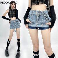 Reddachic Skorts กางเกงยีนส์กระโปรงสตรีทแวร์สไตล์เกาหลี,กระโปรงสั้นเอวสูงบอดี้คอนทรงกระเป๋าสินค้าสำหรับสตรีทแวร์หัวเข็มขัด Y2K