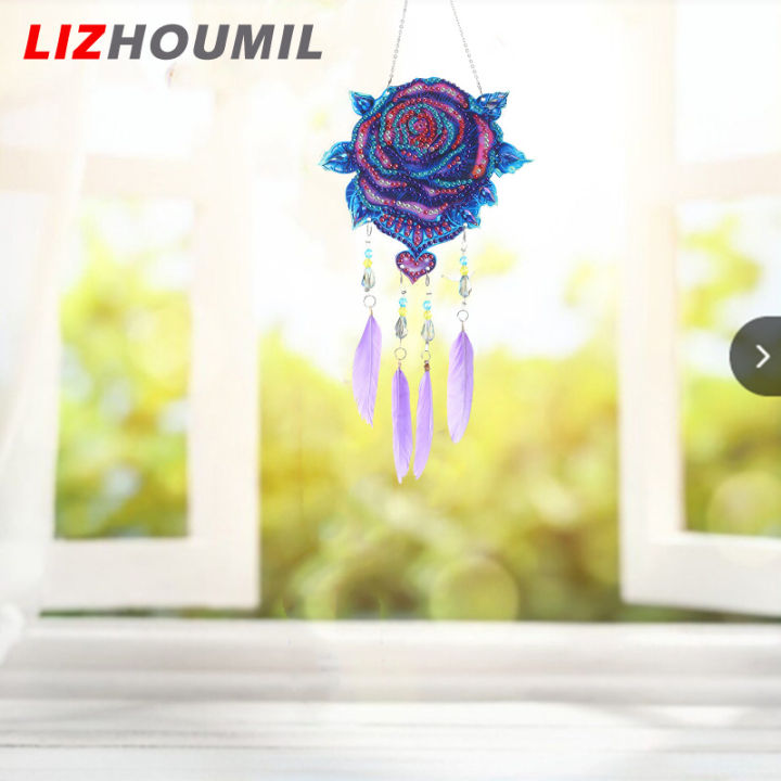 lizhoumil-ชุดเครื่องดักความฝันแบบภาพวาดเพชร-diy-จี้ห้อยโมบายกระดิ่งลมพร้อมขนนกสำหรับอุปกรณ์ตกแต่งสวนกลางแจ้ง