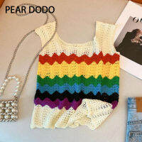 PEAR DODO กลวงคอสี่เหลี่ยมลายทางสีรุ้งสไตล์เกาหลีเสื้อกล้ามถักขนาดเล็ก