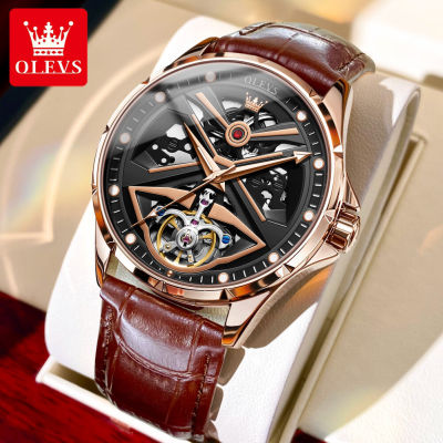 นาฬิกา Olevs (ประกัน 3 ปี) นาฬิกาข้อมือผู้ชาย แท้ เครื่องกล สายหนัง ส่องสว่าง นาฬิกากันน อัตโนมัติ แฟชั่นกลวงออกมุมมอง Tourbillon ระเบิดนาฬิกากลไกเรืองแสงนาฬิกาบุรุษ