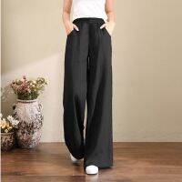 【มีไซส์ใหญ่】Plus Size Womens Elastic Waist Solid Color Wide Leg Pants Cotton&amp;Linen Vintage Spring Autumn Long Trousers