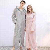 Couple Hooded Winter Bath Robe Long Sleeve Thick Warm Womens Dressing Gown Zipper Fleece Solid Oversize Bathrobe for Female