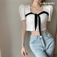 COD DSFERTRYRE Plus Size Croptop Woman Belly Button Square Neck Knitted T Shirt for Women French Short-Sleeved Summer New Style Small Slim Crop Top Korean Style Black White Tshirt Elegant Tops Woamn