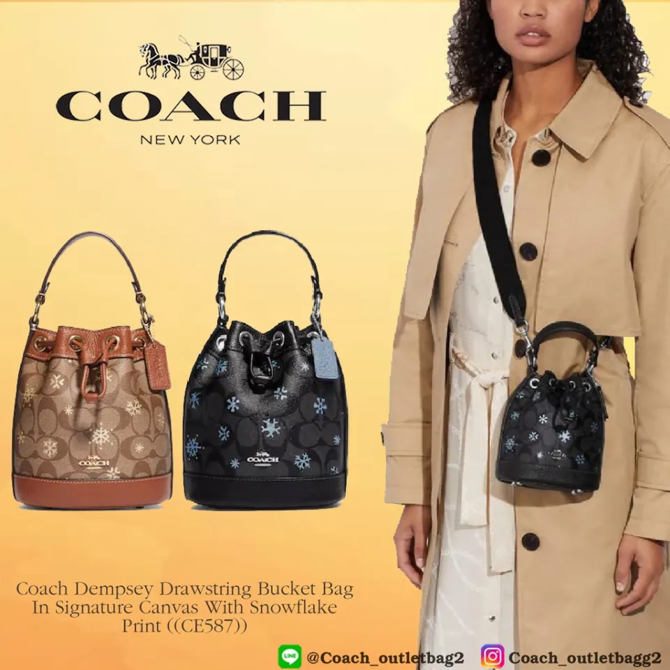 Coach Dempsey Drawstring Bucket Bag 15 In Signature Canvas With Snowflake  Print