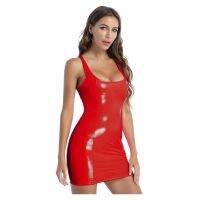 Women Patent Leather Low Cut Sheath Dresses y Skinny Sleeveless Mini Dress