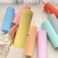 New Fashion Double Layer Plastic Straw Cup Straight Body Straw Cup With Lid 450Ml Candy Color Drinking Water Bottle For Girls