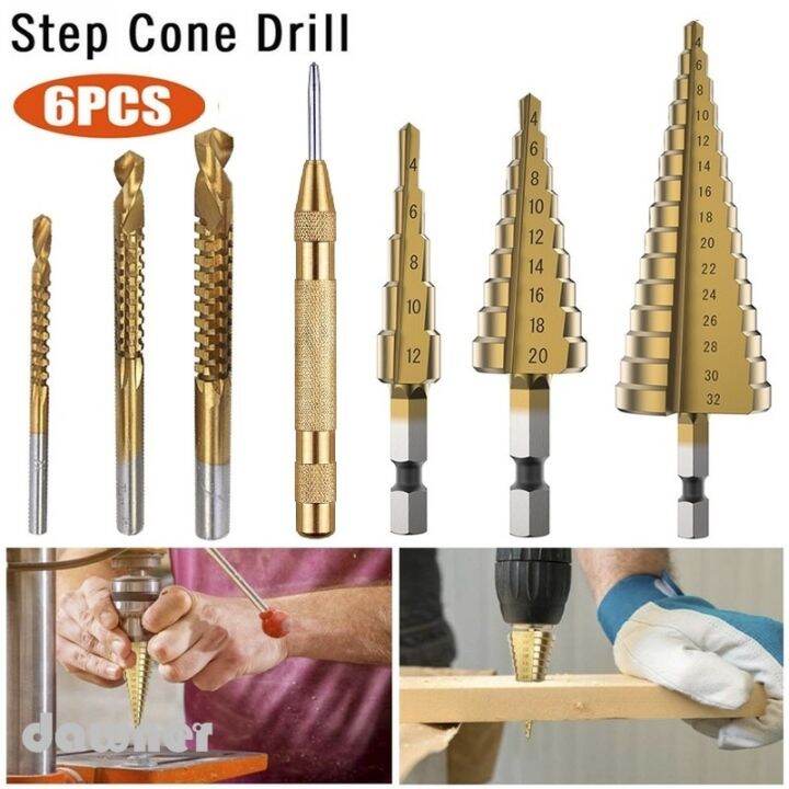 6 Pack HSS Titanium Coated Spiral Step Drill Bit with Center Punch