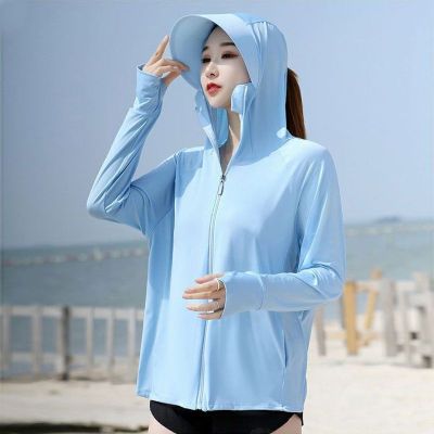Ice silk sunscreen womens summer new UV protection long-sleeved hooded detachable brim coat cycling sunscreen clothing