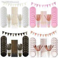 ◆ Gold Dot Disposable Tableware Set White Pink Black Plate Straw Paper Cup Banner Birthday Party Baby Shower Wedding Decoration