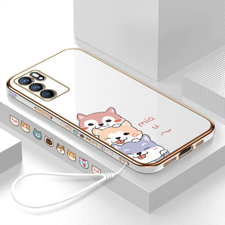 คลังสินค้าพร้อม-เคสเคสมือถือสำหรับ-oppo-reno-6-5g-reno6-5g-พร้อมฟรีสายคล้อง-การ์ตูนสุนัขขอบสี่เหลี่ยมชุบเคลือบเคสฝาหลังนิ่ม