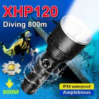 แสงจ้า6000ไฟฉายพลังงานสูงดำน้ำที่มีประสิทธิภาพ XHP120มาก Led ดำน้ำดำน้ำโคมไฟใต้น้ำกันน้ำ IPX8