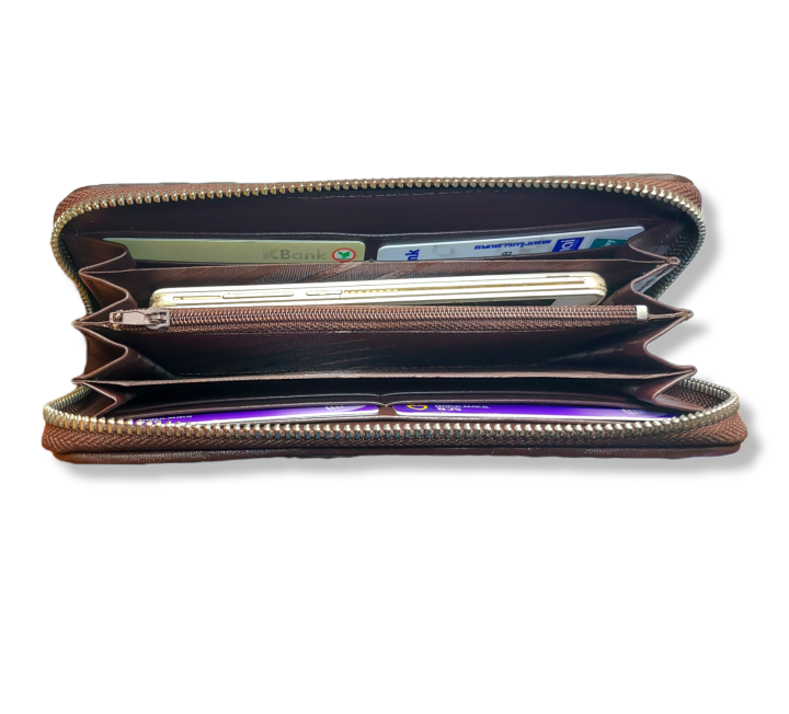 women-wallet-กระเป๋าสตางค์ใบยาว-หนังจระเข้แท้-100-สีน้ำตาล-ซิปเดี่ยว-กระเป๋าหนังจระเข้แท้รูปแบบ-zipper-กระเป๋าใส่บัตร-กระเป๋าสตางค์ยาวคลัทช์