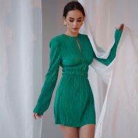 【YF】 2023 Miyak Pleated High Waist Slim Mini Dress For Women Long Sleeve O-Neck Solid Fashion Black Green Chic Party Dresses