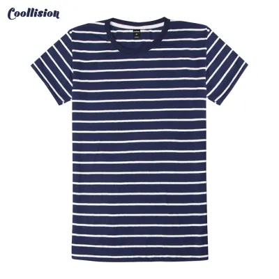 #Coollision-Mini navy เสื้อยืดลายทางพื้นสีกรมท่า เส้นสีขาวเล็ก เสื้อลายทางคอกลม unisex ผ้าไม่ลื่น ฝ้าย ใส่ได้ทุกโอกาส สีไม่ตก ลำลอง