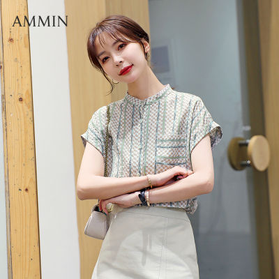 AMMIN ผู้หญิงเกาหลีแขนสั้นลายเสื้อพิมพ์ลาย2021ฤดูร้อนใหม่บางและบางลาย Top Lady แฟชั่น Stand-Up Collar เสื้อนอกลายดอกไม้