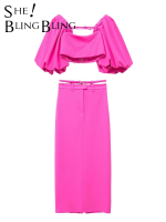 SheBlingBling 2022 Summer Women Casual Traf Suits Puff Sleeve Slim Crop Tops + Belted Midi Skirt Streetwear Female 2 Piece Sets