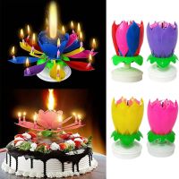 Music Candle Double Flower Blossoms Birthday Cake Candle Flat Rotating Electronic Lotus Wax Candle Birthday Party Surprise Prop