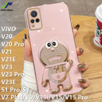 JieFie Doraemon เคสโทรศัพท์สำหรับ VIVO S1 Pro / V20 Pro / V23 Pro / V23E / V20 / V21 / V21E / V23 / S1 / V7 Plus / V9 / V11i / V15 / V15 Pro การ์ตูนตุ๊กตาน่ารัก Bracket ฝาครอบโทรศัพท์เนื้อนิ่ม TPU + ขาตั้งชุบโครเมี่ยม