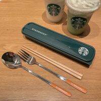 High-end 2023 new Starbucks style convenient tableware three-piece set wooden chopsticks feel better and not slippery