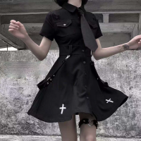 Emo Punk Cute Short Sleeve Black Midi Dresses Women Button Harajuku Gothic Lolita Kawaii 2021 Mall Goth платье BHN0742