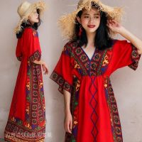 COD DSFDGESERRRRR Ethnic Style Beach Dress Female Sanya Seaside Vacation Bohemian Long Plus Size Fat mm Slimmer Look Red