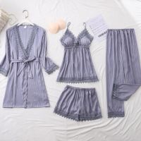 【jw】▪﹍  Tulin Fashion Gray Striped Set 4PCS Sleepwear Robe Silky  Pijamas Clothing