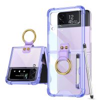 For Samsung Galaxy Z Flip 4 3 ZFlip4 Case Transparent Folding Ring Bracket With Capacitance Pen Shockproof Protective Hard Cover