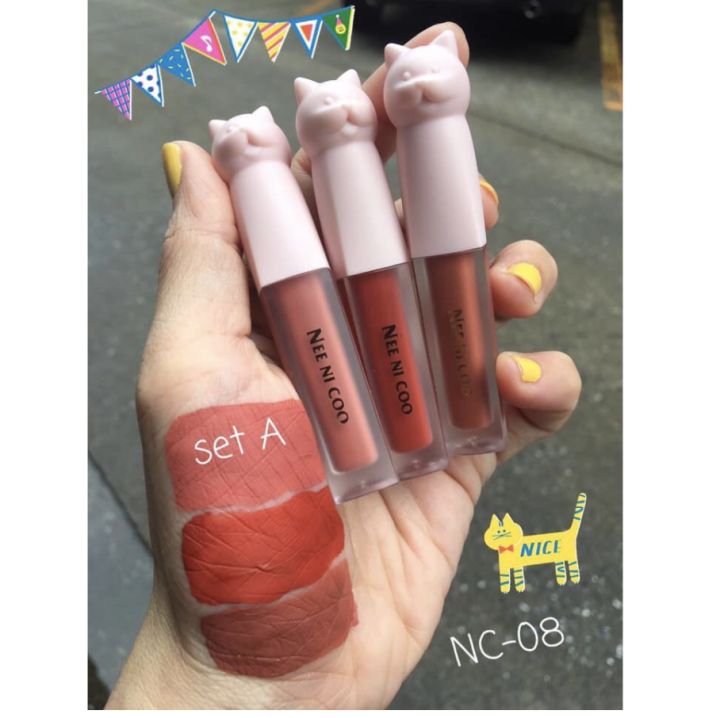 set-lip-nee-ni-coo-meow-matte-lip-glaze-ลิปเนื้อเวลเวท-ออกโทนแดง-ส้มอิฐ-ของแท้-พร้อมส่ง