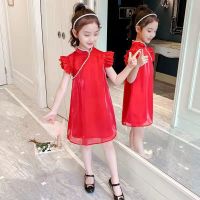 Girls French Twilight Yarn Cheongsam Summer Dress Bubble Sleeve Dress New Western-style Dress for Childrens Skirts