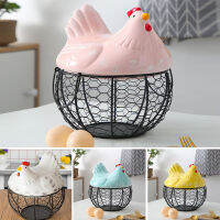 Metal Wire Basket with Ceramic Hens Cover Fruit Basket Egg Holder Decorative Kitchen Storage Baskets for Household Item In Stock