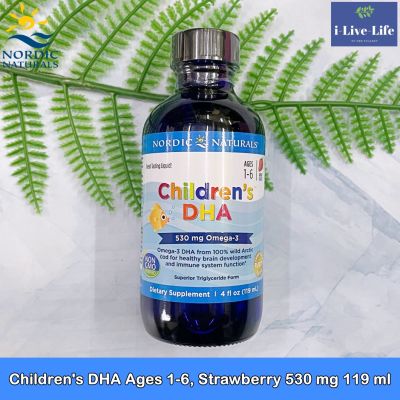 น้ำมันตับปลาอาร์กติก สำหรับเด็ก Childrens DHA Ages 1-6, Strawberry 530 mg 119 ml - Nordic Naturals EPA DHA โอเมก้า-3
