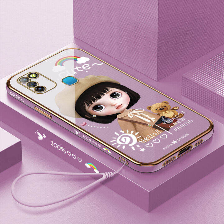 คลังสินค้าพร้อม-เคสเคสมือถือสำหรับ-infinix-smart-5-x657c-x657พร้อมฟรีสายคล้อง-สาวน่ารักการ์ตูนขอบสี่เหลี่ยมชุบเคลือบเคสฝาหลังนิ่ม