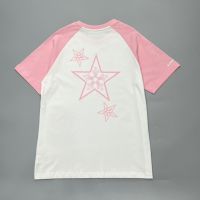 Chrome Heart High Quality 2023 Letter Print Pink Color Matching Raglan Flower Star Mens and Womens Short-sleeved T-Shirt